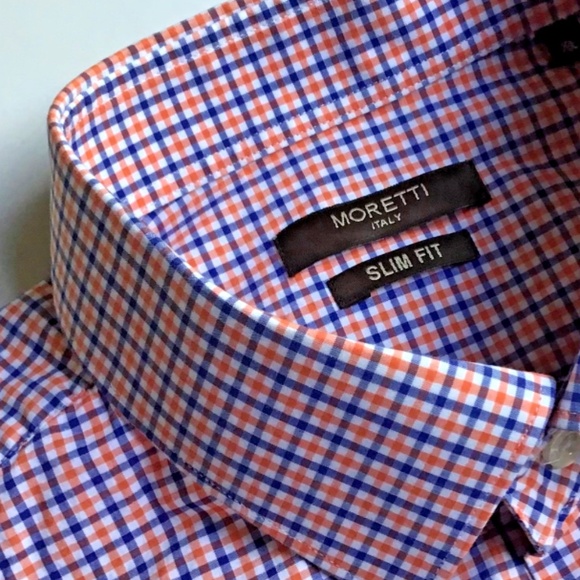 Moretti Italy slim fit navy & red checkered cotton dress shirt Sz XL - Picture 5 of 10